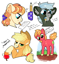 Size: 2300x2500 | Tagged: safe, artist:loryska, imported from derpibooru, applejack, big macintosh, oc, earth pony, pony, apple, colt big macintosh, cute, dexterous hooves, drool, food, high res, macabetes, male, mouth hold, mouth writing, pencil, younger