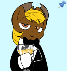 Size: 782x824 | Tagged: safe, artist:2k.bugbytes, imported from ponybooru, earth pony, pony, bipedal, blonde, blonde mane, blue background, bowtie, brown coat, champagne glass, clothes, cowboy hat, hat, hazel eyes, hoof hold, looking at you, male, simple background, smiling, stallion, thumb tack, tuxedo