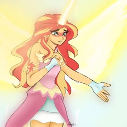 Size: 1080x1080 | Tagged: safe, artist:_denart, imported from derpibooru, sunset shimmer, equestria girls, friendship games, clothes, daydream shimmer, eyelashes, female, fingerless gloves, gloves, glowing horn, horn, scene interpretation, skirt, solo, wings