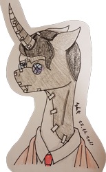 Size: 1729x2810 | Tagged: safe, artist:agdapl, imported from derpibooru, pony, unicorn, bust, clothes, glases, horn, male, medic, ponified, signature, stallion, team fortress 2, traditional art