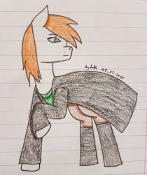 Size: 2966x3526 | Tagged: safe, artist:agdapl, imported from derpibooru, oc, oc only, earth pony, pony, boots, cape, clothes, earth pony oc, lined paper, looking back, raised hoof, shoes, signature, solo, traditional art