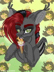 Size: 765x1024 | Tagged: safe, alternate version, artist:maryhoovesfield, imported from derpibooru, oc, oc only, bat pony, food pony, original species, pony, bat pony oc, bat wings, bust, colored, ear fluff, food, hoof hold, ice cream cone, licking, ponified, signature, tongue out, wings