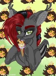 Size: 765x1024 | Tagged: safe, alternate version, artist:maryhoovesfield, imported from derpibooru, oc, oc only, bat pony, food pony, original species, pony, bat pony oc, bat wings, bust, colored, ear fluff, food, hoof hold, ice cream cone, licking, ponified, signature, tongue out, wings