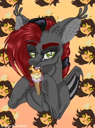 Size: 765x1024 | Tagged: safe, alternate version, artist:maryhoovesfield, imported from derpibooru, oc, oc only, bat pony, food pony, original species, pony, bat pony oc, bat wings, bust, colored, ear fluff, food, hoof hold, ice cream cone, licking, ponified, signature, tongue out, wings