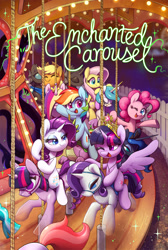 Size: 1024x1523 | Tagged: safe, artist:dawnfire, applejack, fluttershy, pinkie pie, princess cadance, princess celestia, princess luna, rainbow dash, rarity, spike, twilight sparkle, alicorn, changeling, earth pony, pegasus, pony, unicorn, fanfic:the enchanted carousel, carousel, cover art, crown, fanfic art, female, jewelry, mare, one eye closed, regalia, text, twilight sparkle (alicorn), wink