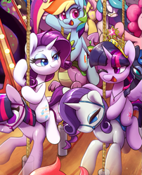 Size: 669x828 | Tagged: safe, artist:dawnfire, fluttershy, pinkie pie, princess cadance, princess celestia, princess luna, rainbow dash, rarity, spike, twilight sparkle, alicorn, earth pony, pegasus, pony, unicorn, fanfic:the enchanted carousel, carousel, cover art, crown, fanfic art, female, jewelry, mare, one eye closed, regalia, text, twilight sparkle (alicorn), wink