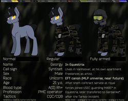 Size: 3672x2893 | Tagged: safe, artist:syntiset, imported from derpibooru, oc, oc only, oc:syntiset, pony, unicorn, ankle boots, anti fragmentation glasses, armor, bags, balaclava, belt, blood type, boots, camouflage, clothes, escape from tarkov, eye clipping through hair, eyeglasses, glasses, goggles, happy, headphones, helmet, high res, horn, looking at you, male, medical bag, medicine, microphone, military, military uniform, pants, patch, plate carrier, pony oc, radio, reference, reference sheet, shoes, simple background, sketch, smiling, smirk, solo, tourniquet, unicorn oc, uniform