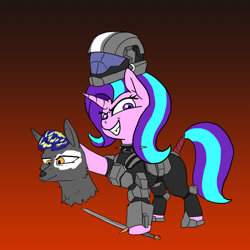 Size: 900x900 | Tagged: safe, artist:slamjam, imported from derpibooru, starlight glimmer, pony, unicorn, wolf, armor, bloodless, cartoon violence, death, decapitated, decapitation, female, furries, furry, grimace, gulag, gulaged, historical roleplay starlight, mare, odst, severed head, sword, weapon