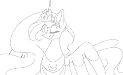 Size: 1080x667 | Tagged: safe, artist:tessa_key_, imported from derpibooru, princess luna, alicorn, pony, ear fluff, eyelashes, horn, jewelry, lineart, monochrome, one eye closed, peytral, simple background, solo, tiara, white background, wings, wink