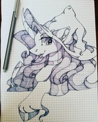 Size: 1080x1350 | Tagged: safe, artist:tessa_key_, imported from derpibooru, rarity, pony, unicorn, :p, bust, eyelashes, female, gorn, graph paper, hat, hoof fluff, hoof polish, horn, mare, solo, tongue out, traditional art, wizard hat