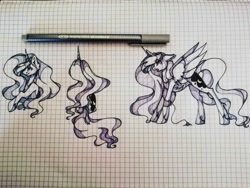 Size: 1080x810 | Tagged: safe, artist:tessa_key_, imported from derpibooru, princess luna, alicorn, pony, bust, ear fluff, eyelashes, female, graph paper, hoof shoes, horn, mare, pen, smiling, solo, traditional art, wings