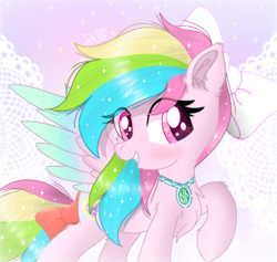 Size: 1161x1100 | Tagged: source needed, useless source url, safe, artist:jadebreeze115, imported from derpibooru, oc, oc only, oc:star aura, pegasus, pony, adorkable, blushing, bow, cherry blossoms, chest fluff, colored wings, cute, dork, ear fluff, ethereal mane, ethereal tail, ethereal wings, flower, flower blossom, gradient wings, jewelry, multicolored hair, necklace, pink eyes, smiling, solo, spread wings, tail bow, wingding eyes, wings
