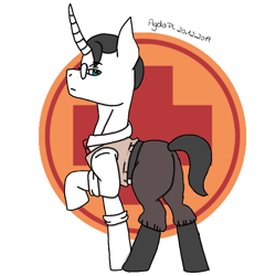 Size: 768x768 | Tagged: safe, artist:agdapl, imported from derpibooru, pony, unicorn, boots, clothes, glasses, horn, male, medic, ponified, raised hoof, shoes, signature, solo, stallion, team fortress 2