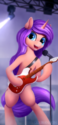 Size: 1073x2316 | Tagged: safe, artist:foxpit, artist:gouransion, imported from derpibooru, oc, oc only, oc:melody verve, pony, unicorn, bipedal, commission, concert, digital art, electric guitar, guitar, happy, lights, microphone, musical instrument, playing guitar, singing, stage, standing on two hooves, standing up