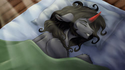 Size: 1024x576 | Tagged: safe, artist:countessmrose, imported from derpibooru, king sombra, pony, umbrum, bed, fangs, male, pillow, sleeping, solo, stallion