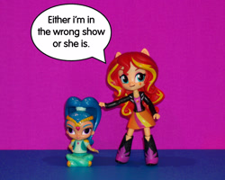 Size: 1250x1000 | Tagged: safe, derpibooru exclusive, imported from derpibooru, sunset shimmer, equestria girls, doll, equestria girls minis, photo, shimmer and shine, speech bubble, toy, word balloon, word bubble