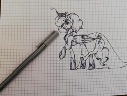 Size: 1080x810 | Tagged: safe, artist:tessa_key_, imported from derpibooru, alicorn, pony, alicornified, ear fluff, eyelashes, glowing horn, graph paper, hoof shoes, horn, jewelry, pen, peytral, pink diamond (steven universe), ponified, race swap, raised hoof, solo, steven universe, tiara, traditional art