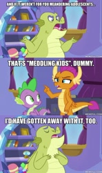 Size: 600x1011 | Tagged: safe, edit, edited screencap, imported from derpibooru, screencap, sludge (dragon), smolder, spike, dragon, father knows beast, caption, image macro, scooby doo, sludge (g4), text