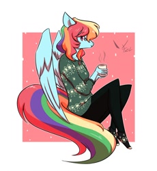 Size: 1179x1280 | Tagged: safe, artist:trololohstuffs, imported from derpibooru, rainbow dash, anthro, pegasus, unguligrade anthro, chocolate, clothes, digital art, female, food, glasses, hot chocolate, jewelry, looking at you, necklace, pants, simple background, solo, solo female, sweater, tail, wings