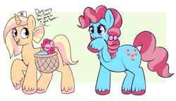 Size: 961x551 | Tagged: safe, artist:lulubell, imported from derpibooru, cup cake, pinkie pie, oc, earth pony, pony, unicorn, adoption, alternate universe, baby, baby pie, baby pony, chest fluff, chiffon swirl, female, filly, foal, freckles, mare, mother and child, mother and daughter, nurse, saddle basket, teary eyes, younger
