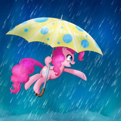 Size: 1000x1000 | Tagged: safe, artist:empyu, imported from derpibooru, pinkie pie, earth pony, pony, bipedal, colored pupils, female, flying, mare, open mouth, profile, rain, solo, umbrella