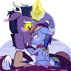 Size: 1280x1281 | Tagged: safe, artist:puresthope125, imported from derpibooru, discord, rainbow dash, draconequus, pegasus, pony, blushing, clothes, discodash, female, floppy ears, hat, looking at each other, looking into each others eyes, male, mistletoe, mittens, scarf, shipping, simple background, snow, snowfall, straight, transparent background