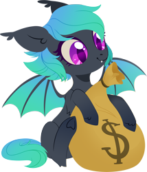 Size: 2144x2500 | Tagged: safe, artist:belka-sempai, imported from derpibooru, oc, oc only, oc:moondrive, bat pony, pony, high res, mascot, money, rubronycon, simple background, solo, transparent background