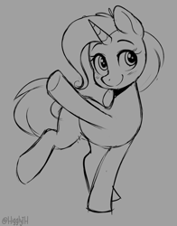 Size: 1116x1422 | Tagged: safe, artist:higgly-chan, imported from derpibooru, trixie, pony, unicorn, blushing, cute, diatrixes, female, gray background, hoof in air, mare, monochrome, simple background, sketch, smiling, solo, waving