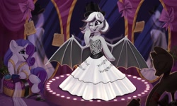 Size: 2048x1226 | Tagged: safe, artist:amishy, imported from derpibooru, rarity, oc, bat pony, unicorn, bat pony oc, bipedal, bowtie, carousel boutique, clothes, cute, detailed background, dress, mirror
