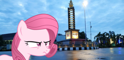 Size: 3073x1502 | Tagged: safe, artist:muhammad yunus, artist:tanahgrogot, imported from derpibooru, oc, oc only, oc:annisa trihapsari, earth pony, pony, base used, earth pony oc, female, irl, mare, night, not rarity, photo, pink body, pink hair, ponies in real life, solo, suspicious, unamused, vector