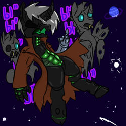 Size: 500x500 | Tagged: safe, artist:damset, imported from derpibooru, oc, oc:da-mset, anthro, changeling, changeling oc, cloak, clothes, cyrillic, dust changelings, green changeling, one eye, plane, space, ы"