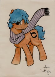 Size: 1651x2338 | Tagged: safe, artist:juliana emy, imported from derpibooru, oc, oc only, oc:samekh, earth pony, pony, clothes, hair over one eye, male, scarf, solo, stallion, traditional art