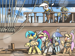 Size: 4000x3000 | Tagged: safe, artist:flaremoon, imported from derpibooru, oc, oc:flare-moon, oc:mercury haze, oc:trestle, earth pony, griffon, pegasus, pony, unicorn, airship, armor, blimp, clothes, day, female, griffon oc, guard, guardsmare, halberd, male, mare, royal guard, scenery, stallion, uniform, weapon, zeppelin