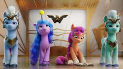 Size: 960x540 | Tagged: safe, edit, edited screencap, imported from derpibooru, screencap, izzy moonbow, sunny starscout, earth pony, pegasus, pony, unicorn, spoiler:my little pony: a new generation, 1000 years in photoshop, 3d, ball, book, cgi, dc comics, g5, guard, horn, hornball, izzy's tennis ball, my little pony: a new generation, reading, tennis ball, thunder flap, wonder woman, zoom zephyrwing
