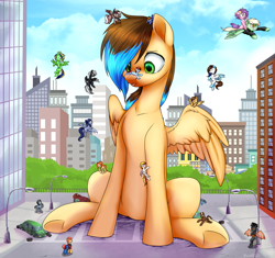 Size: 4033x3785 | Tagged: safe, artist:megabait, imported from derpibooru, oc, oc only, oc:energytone, oc:gear keeper, oc:genka, oc:lilac clime, oc:megabait, oc:teen spirit, alicorn, changeling, earth pony, pegasus, pony, unicorn, alicorn oc, belly, bigpony, building, car, city, citypony, cute, dangerous, destroy, group, horn, macro, orange changeling, park, parking, scenery, sitting, size difference, tongue out, underhoof, wings