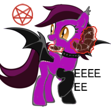 Size: 225x225 | Tagged: safe, artist:shepardinthesky, edit, imported from derpibooru, oc, oc only, oc:echo, oc:gorebrie, bat pony, demon, demon pony, original species, pony, bat pony oc, bat wings, choker, clothes, collar, cute, eeee, magic, pentagram, ram horns, simple background, socks, solo, spiked choker, spiked collar, spread wings, very original character, white background, wings
