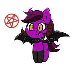 Size: 1200x1100 | Tagged: safe, artist:lyrabop, artist:shepardinthesky, imported from derpibooru, oc, oc only, oc:gorebrie, bat pony, demon, demon pony, original species, pony, bat pony oc, bat wings, choker, clothes, collar, cute, eeee, horns, magic, pentagram, ram horns, simple background, socks, solo, spiked choker, spiked collar, spread wings, transparent background, very original character, white background, wings