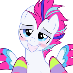 Size: 1920x1920 | Tagged: safe, artist:melonmilk, derpibooru exclusive, imported from derpibooru, zipp storm, pegasus, pony, arm warmers, blushing, clothes, colored wings, feathered wings, female, g5, kneesocks, longsocks, looking at you, mare, multicolored wings, my little pony: a new generation, show accurate, simple background, smiling, smug, socks, solo, spread wings, striped socks, white background, wings