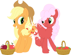 Size: 3557x2742 | Tagged: safe, artist:porygon2z, imported from derpibooru, applejack, oc, oc:strawberry fluffcake, earth pony, apple, butt to butt, butt touch, food, herbivore, high res, strawberry