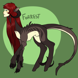 Size: 1500x1500 | Tagged: safe, artist:lavvythejackalope, imported from derpibooru, oc, oc only, oc:forrest, human head pony, original species, pony, abstract background, horns, male, nudity, sheath, solo