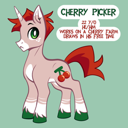 Size: 2000x2000 | Tagged: safe, artist:vodkamewtwoni, imported from derpibooru, oc, oc only, oc:cherry picker, pony, unicorn, cutie mark, freckles, high res, ponysona, reference sheet, self insert, solo, text