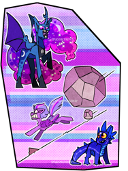 Size: 2625x3500 | Tagged: safe, artist:spudsmcfrenzy, imported from derpibooru, nightmare moon, spike, twilight sparkle, alicorn, bear, pegasus, pony, ursa, ursa minor, alternate design, alternate universe, boulder, high res, pegasus twilight sparkle, race swap, species swap, story included, twilight sparkle (alicorn)