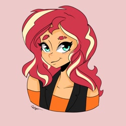 Size: 1080x1080 | Tagged: safe, artist:rapunzelights, artist:twiskielulamoon, imported from derpibooru, sunset shimmer, equestria girls, bust, clothes, cute, eyelashes, female, pink background, shimmerbetes, signature, simple background, smiling, solo