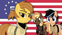 Size: 1366x768 | Tagged: safe, artist:kingbases, artist:pegasski, imported from derpibooru, oc, oc only, oc:anna autumn, earth pony, pony, fallout equestria, base used, clothes, earth pony oc, enclave, eyelashes, female, flag, mare, raised hoof, smiling, smirk