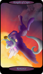 Size: 1500x2591 | Tagged: safe, artist:sixes&sevens, imported from derpibooru, part of a set, flitter, pegasus, pony, eyes closed, female, flying, goblet, knight of cups, minor arcana, solo, sunset, tarot card, upside down