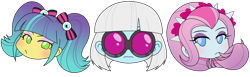 Size: 2224x687 | Tagged: safe, alternate version, artist:batipin, imported from derpibooru, part of a set, photo finish, pixel pizazz, violet blurr, equestria girls, female, head only, simple background, the snapshots, transparent background, trio, trio female