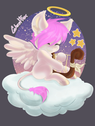 Size: 960x1280 | Tagged: safe, imported from derpibooru, oc, oc only, pegasus, pony, angel, angelwings, chibi, cloud, commission, cute, pinkhair, solo, your character here