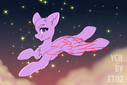 Size: 3000x2000 | Tagged: safe, artist:etoz, imported from derpibooru, pony, advertisement, auction, auction open, cloud, commission, constellation, flying, generic pony, happy, high res, horn, in the sky, sky, smiling, starry eyes, stars, wingding eyes, wings, ych example, your character here, your character here auction