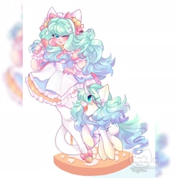 Size: 1920x1920 | Tagged: safe, artist:honkingmother, imported from derpibooru, oc, oc only, cat, pony, unicorn, bell, blushing, bow, catgirl, clothes, curved horn, dress, hair bow, horn, human ponidox, one eye closed, self ponidox, skirt, smiling, wink