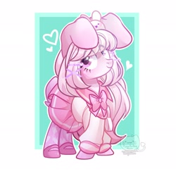 Size: 1920x1920 | Tagged: safe, artist:alinabrony-29, artist:honkingmother, imported from derpibooru, oc, oc only, pony, bow, bowtie, bunny ears, clothes, dress, heart, looking at you, skirt, smiling, solo